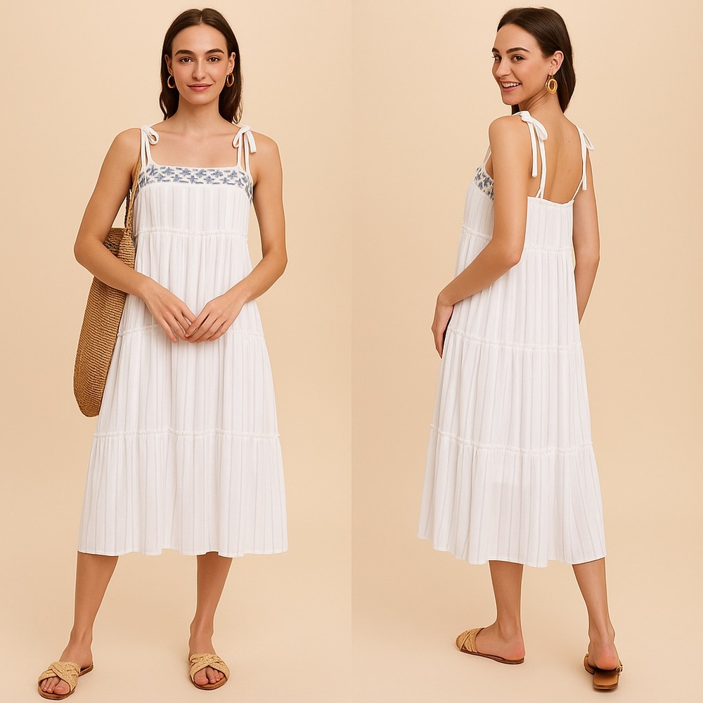 White Tiered Midi Sundress with Blue Embroidery & Tie Straps Summer Dress NWT Sm